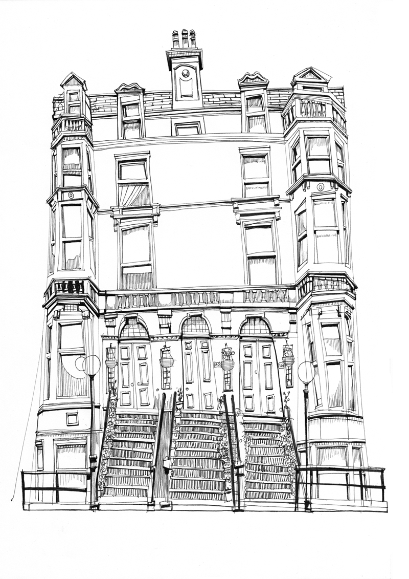 Hand drawn pen illustration of Glasgow tenement