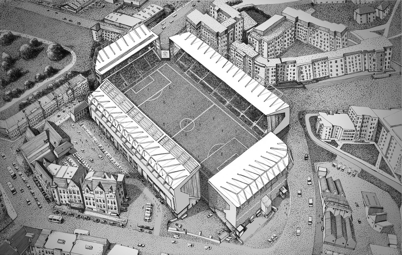 Hand drawn illustration of Easter Road Stadium, Hibernian F.C.