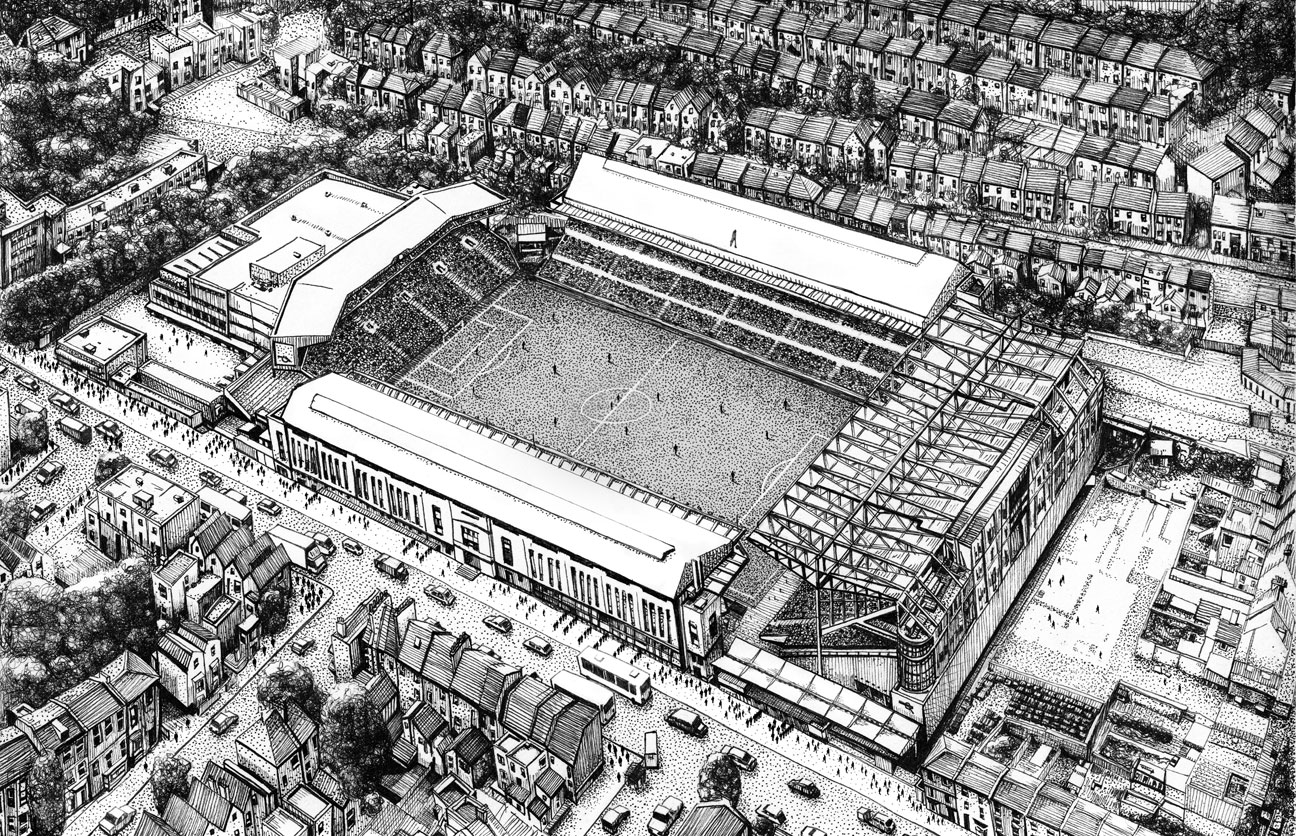 Hand drawn illustration of Highbury stadium, Arsenal F.C.