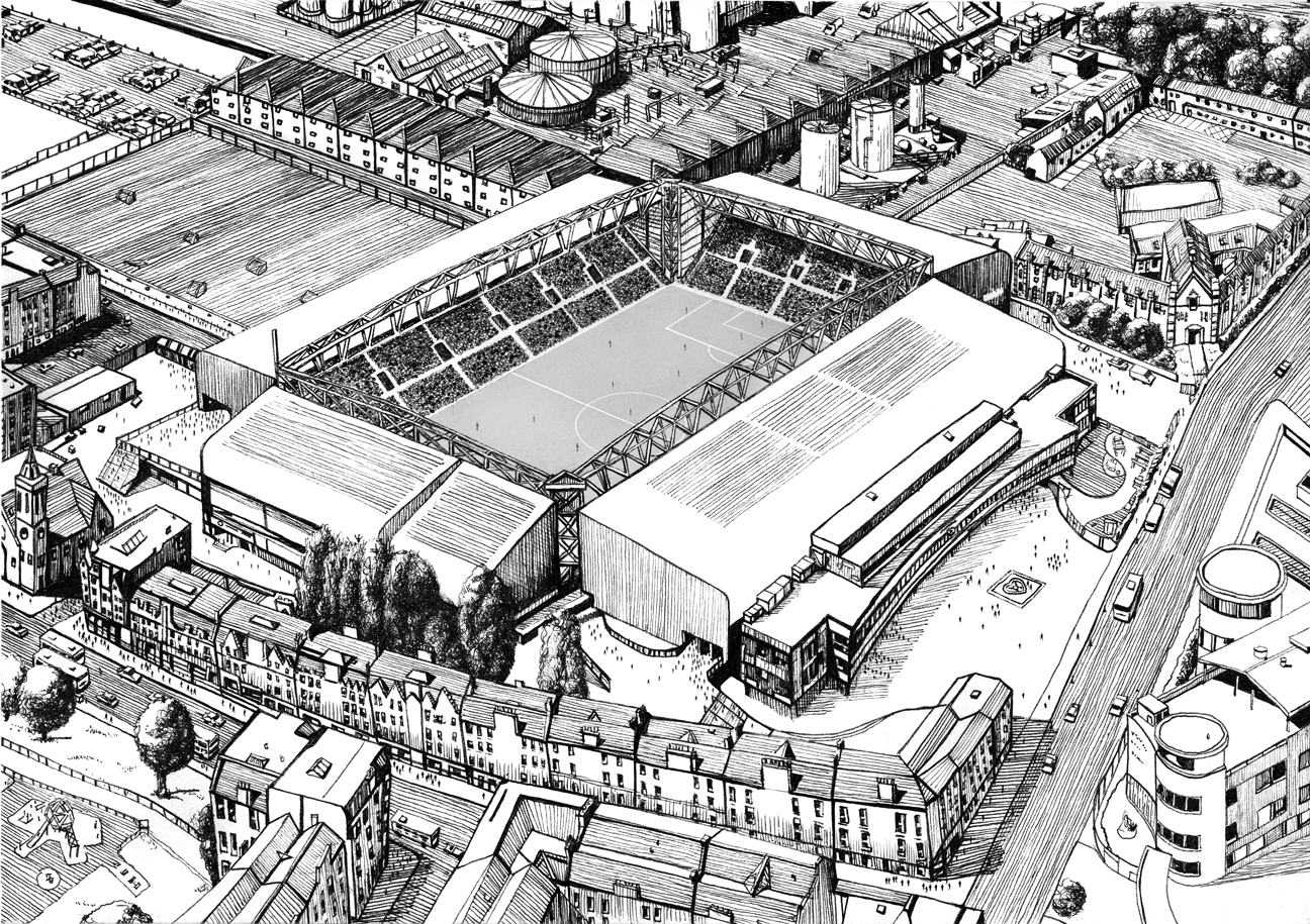 Hand drawn illustration of Tynecastle Park, Heart of Midlothian F.C.