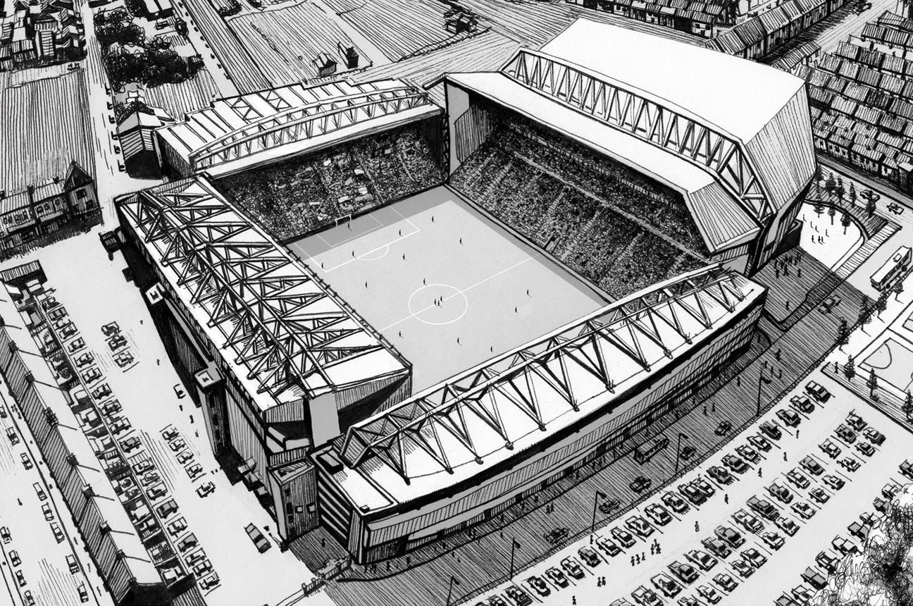 Hand drawn pen illustration of Anfield stadium, home of Liverpool F.C.