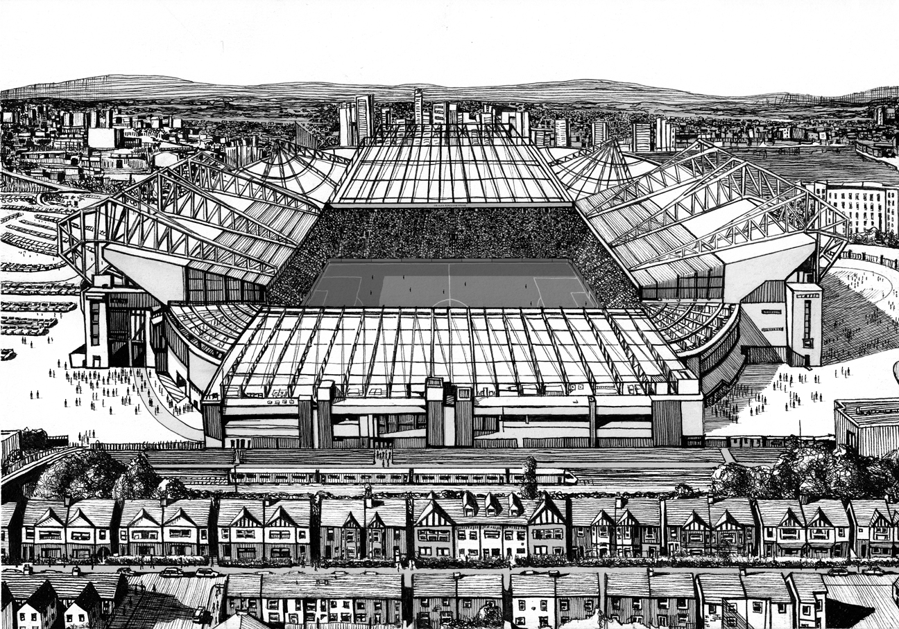 Hand Drawn Illustration of Old Trafford, home of Manchester United F.C.